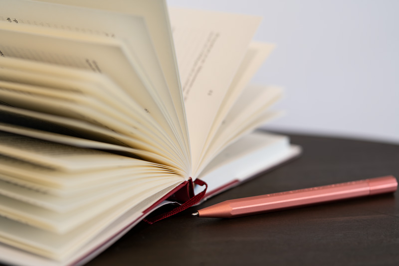 Kugelschreiber aus roséfarbenem Metall vor offenem Buch